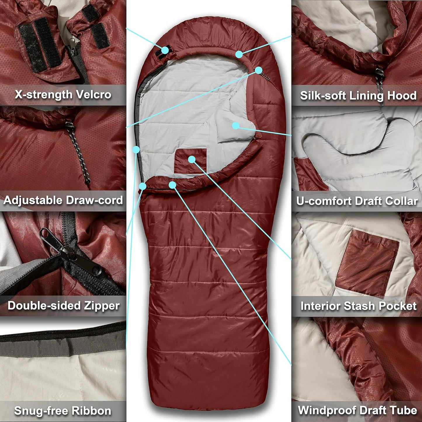 0 Degree Sleeping Bags XL (Side-sleeper Friendly) - Burgundy Wine