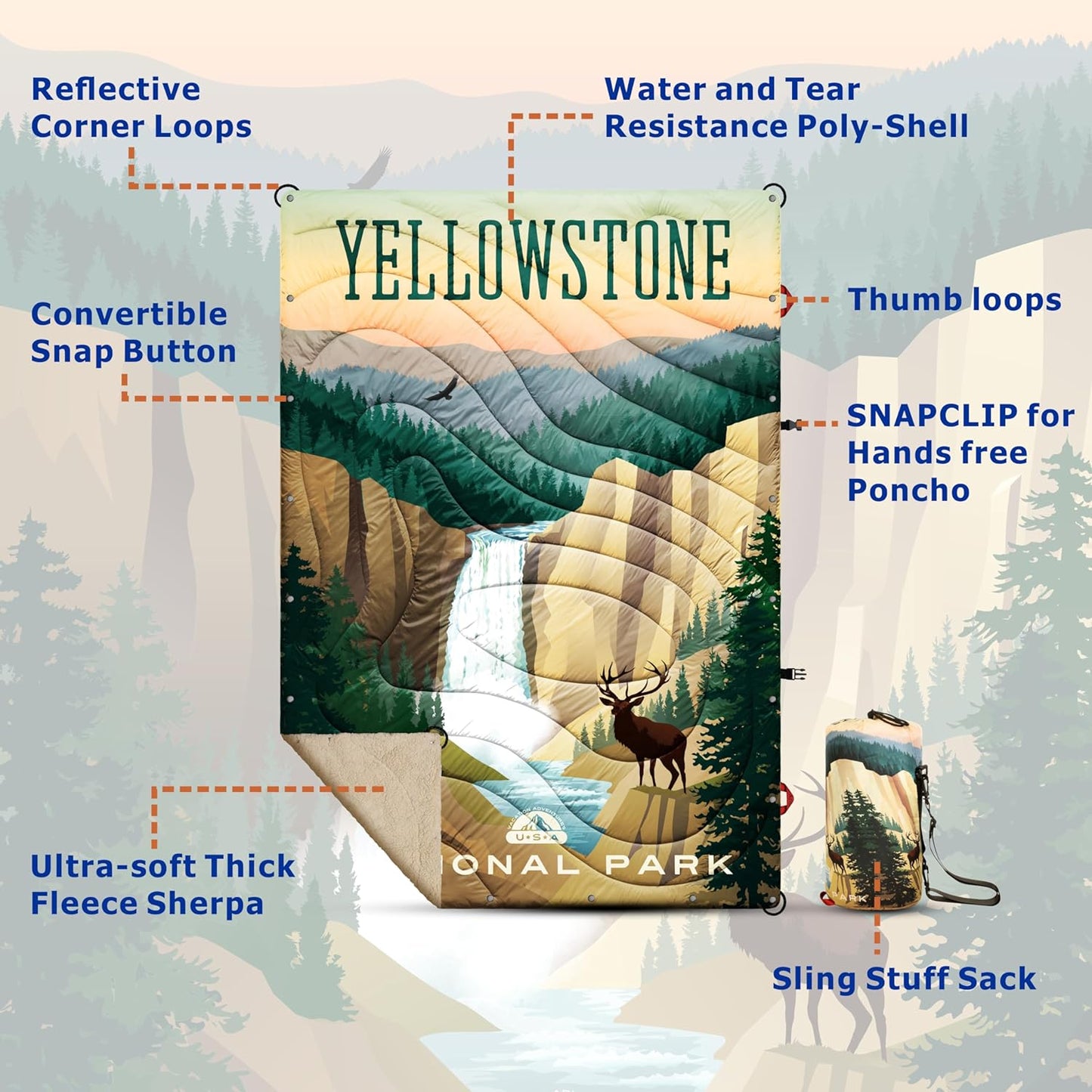 Puffy Sherpa Outdoor Camping Blanket for Traveling, Picnics, Beach, Concert, Sporting Events - Wearable, Soft, Warm Waterproof - 55 X 78 (Yellowstone NP)