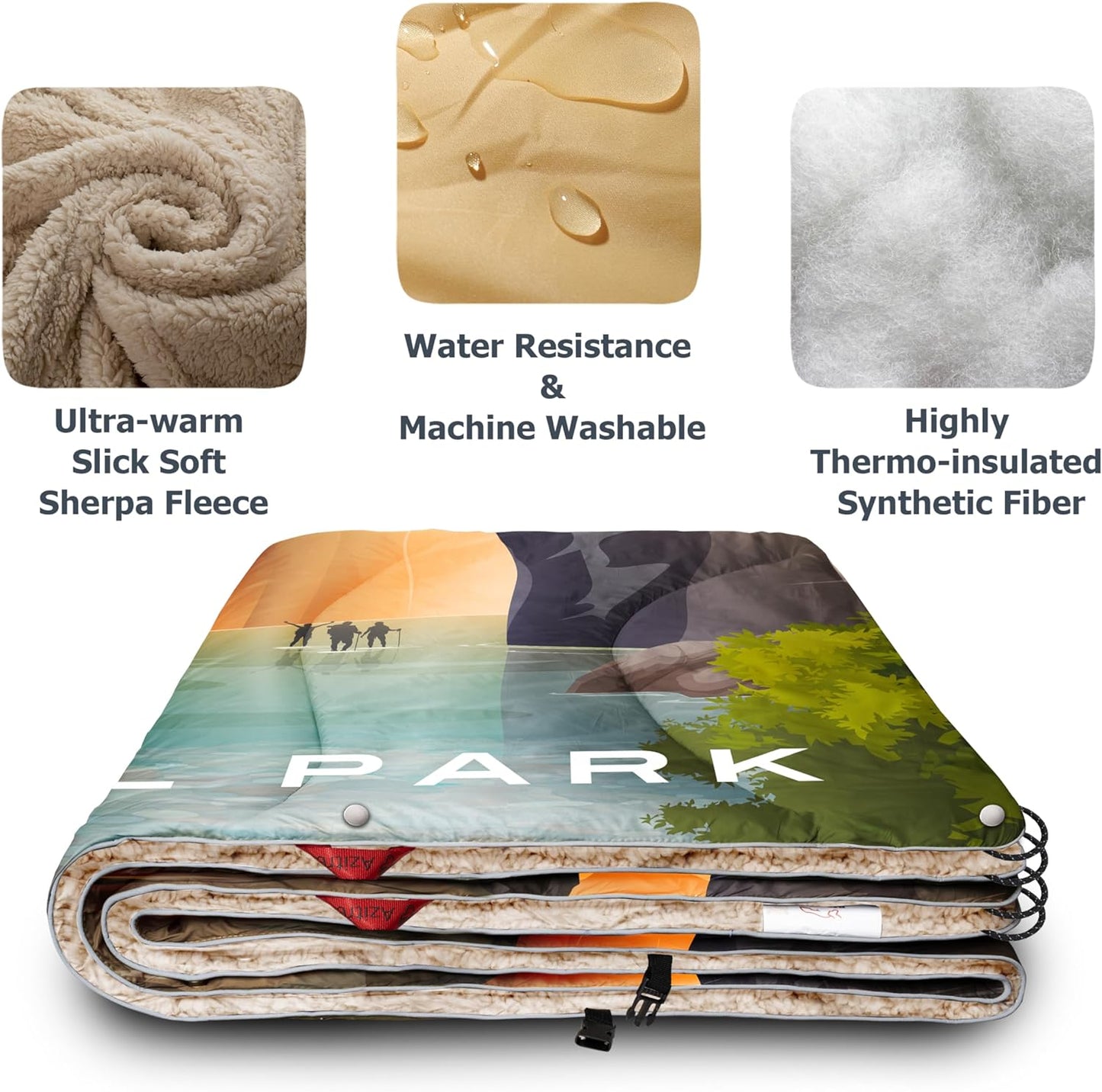 Puffy Sherpa Outdoor Camping Blanket for Cold Weather: Warm, Waterproof, Windproof, Portable for Traveling, Picnics, Beach, Stadiums Sporting Events - Large 55 X 78