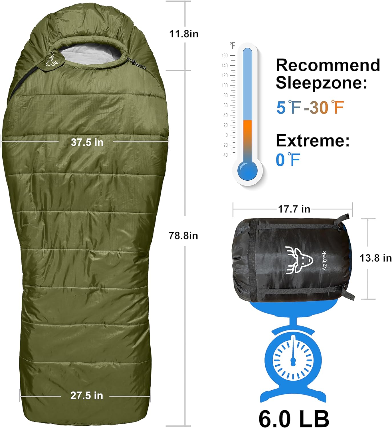 0 Degree Sleeping Bags XL (Side-sleeper Friendly) - Loden Green