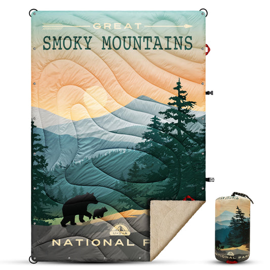 Puffy Sherpa Outdoor Camping Blanket for Traveling, Picnics, Beach, Concert, Car,Stadium, Sporting Events - Wearable Warm Waterproof - 55 X 78 (Great Smoky Mountains NP)