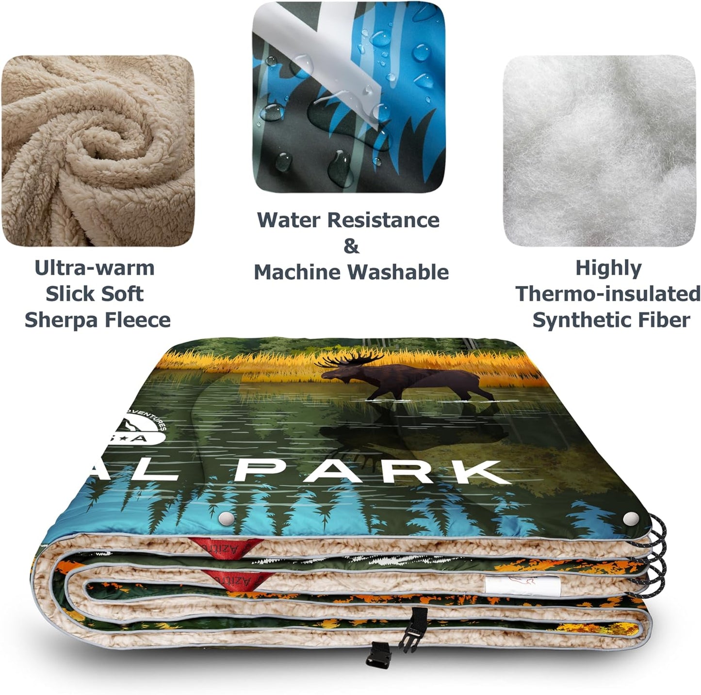 Large Waterproof Windproof Outdoor Travel Blanket with Sherpa Lining: Machine Washable, Ultra-Warm Thick Fleece for Camping, Picnics, Stadiums Sporting Events in Cold Weather - 55 X 78