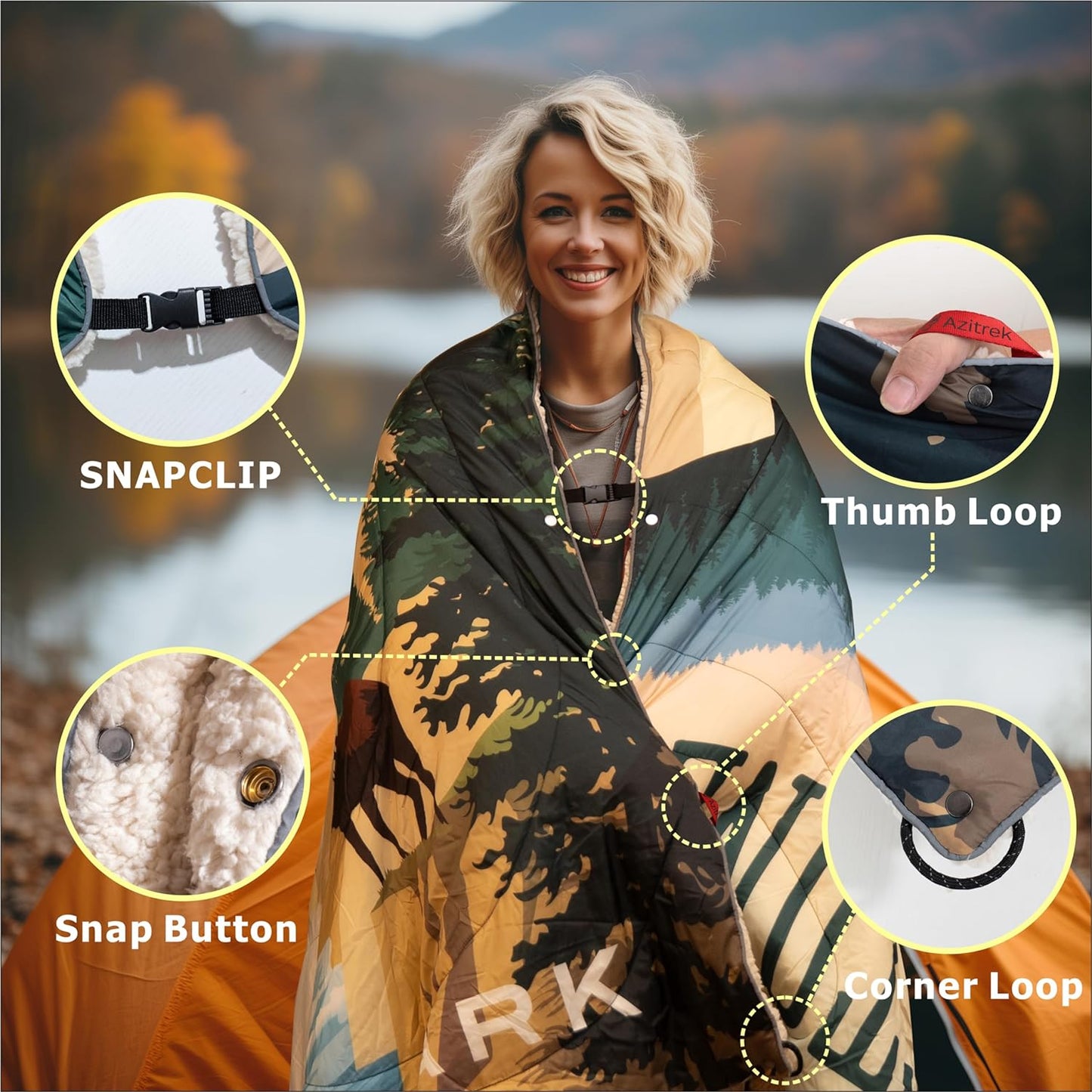 Puffy Sherpa Outdoor Camping Blanket for Traveling, Picnics, Beach, Concert, Sporting Events - Wearable, Soft, Warm Waterproof - 55 X 78 (Yellowstone NP)