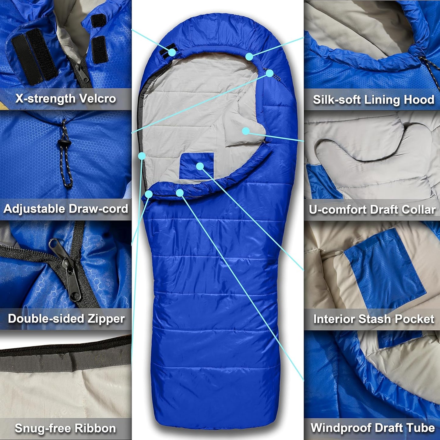 0 Degree Camping Sleeping Bags Mummy for Adults Youth | XXL Big and Tall 3-4 Season Warm and Cool Winter Cold Weather Sleeping Bag w. Compression Sack | Side Sleeper Friendly